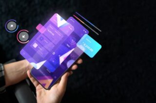 A smartphone displaying a futuristic, layered interface with financial data and interactive elements